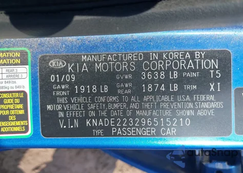 2009 Kia Rio Lx z USA, uszkodzony, nr VIN KNADE223296515210